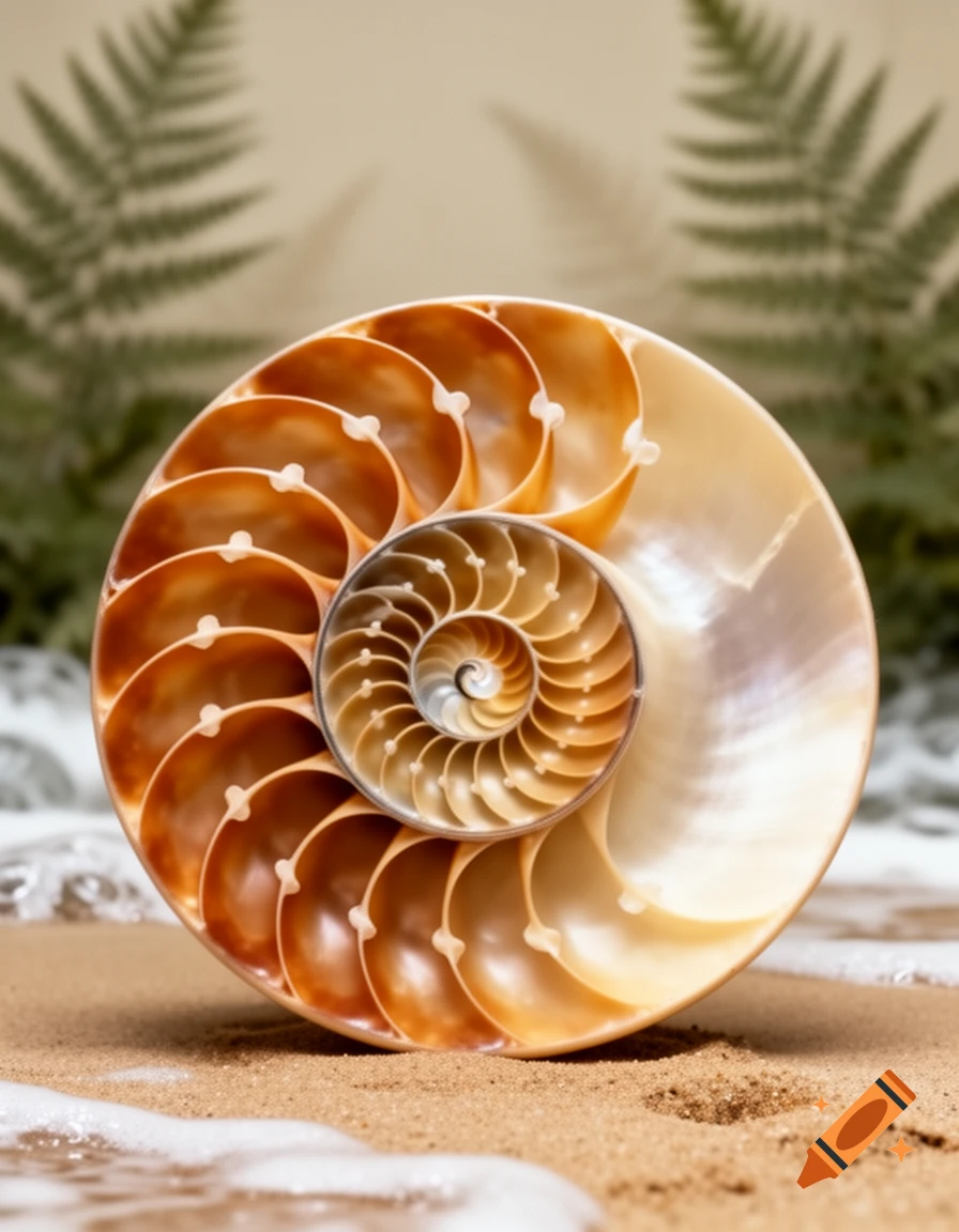 A stunning cross-section of a nautilus shell, revealing its perfect golden spiral, rests on a sandy beach with ocean waves.