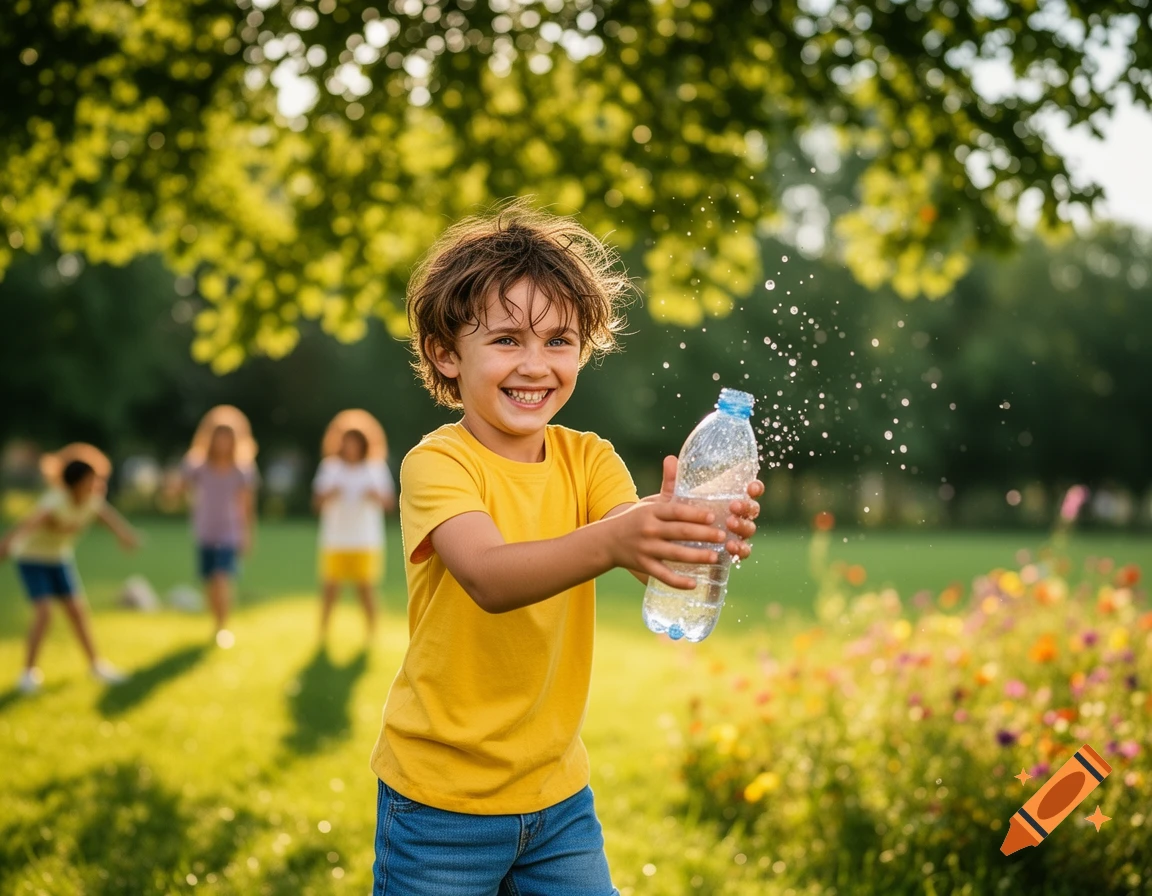 A smiling young boy in a yellow shirt splashes water from a plastic bottle in a sunny park. Other children are blurred in the background.