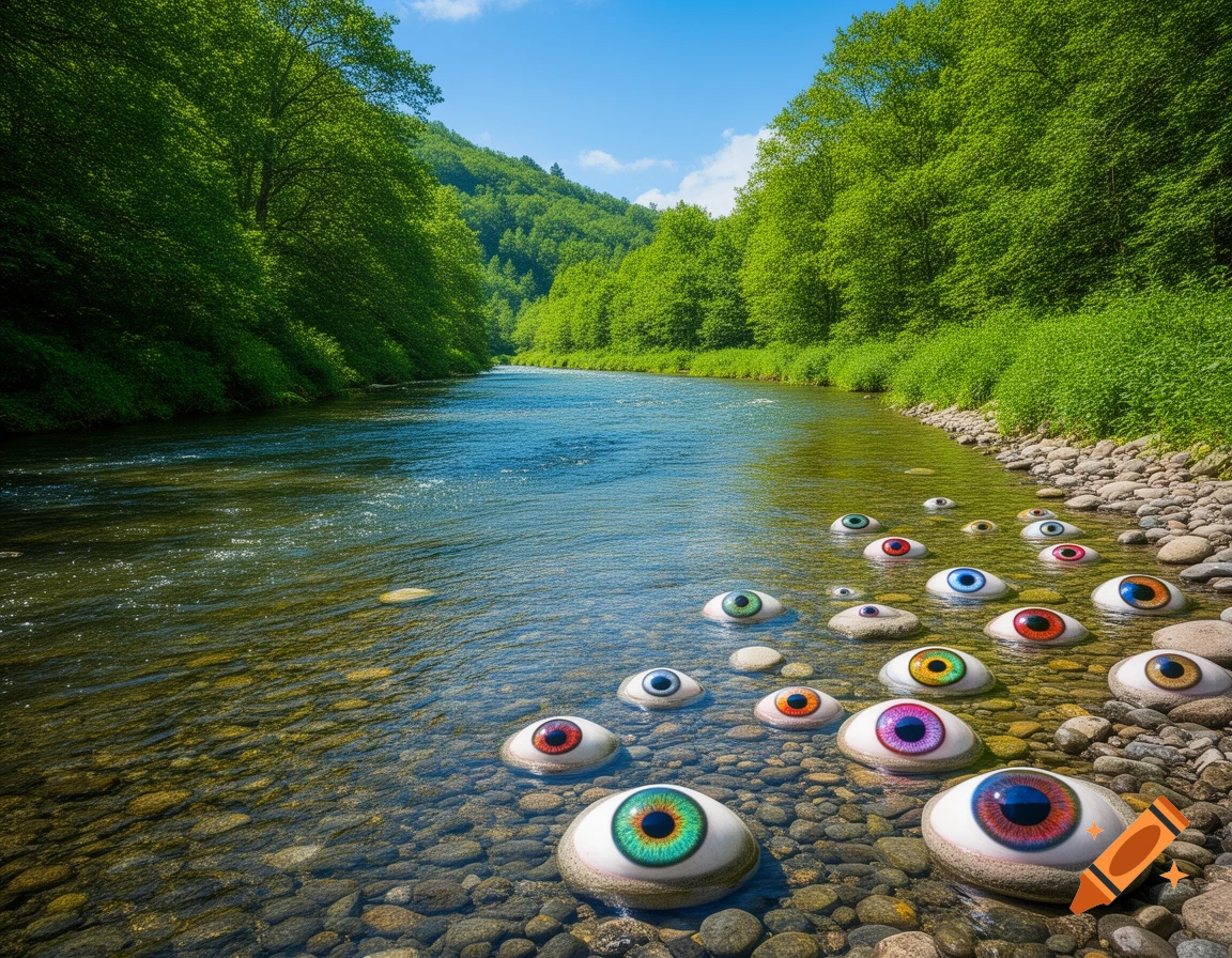 Photorealistic image of a river with lush green banks, where colorful eyeball-shaped stones rest in the clear shallow water and on the bank.