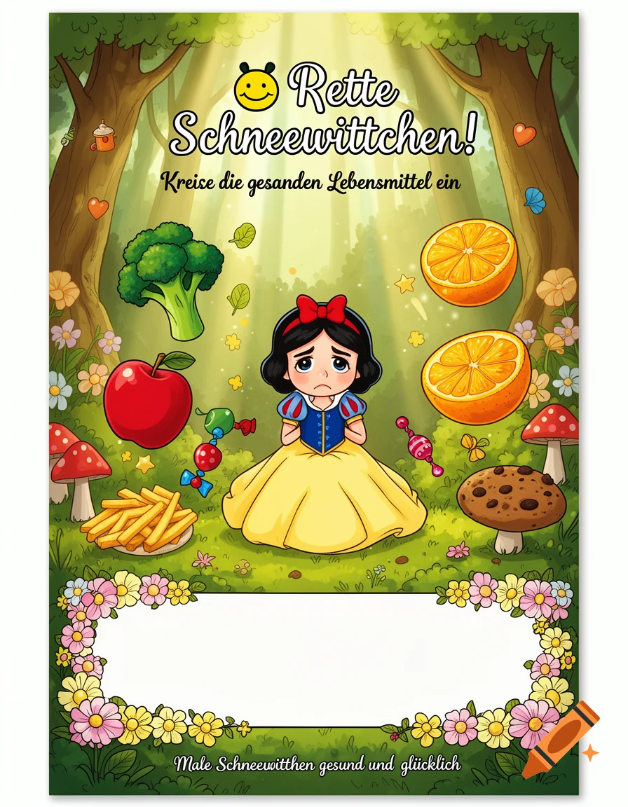 A colorful children's worksheet featuring a cartoon Snow White in a forest with various foods and German text.