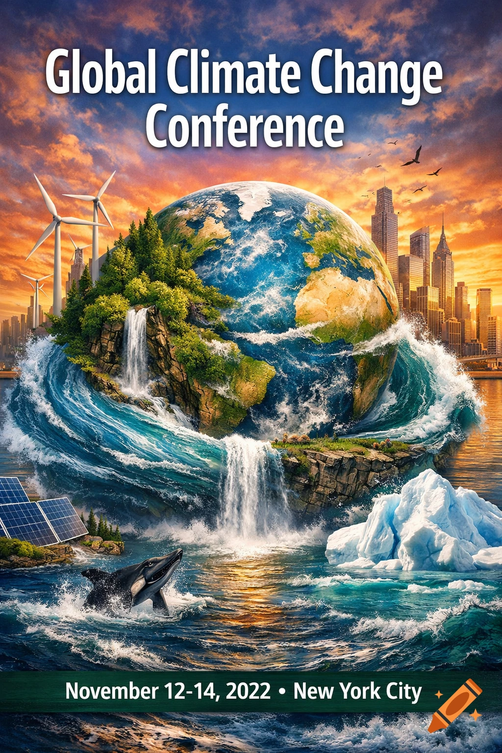 A vibrant poster for the Global Climate Change Conference featuring a globe with diverse ecosystems, urban skyline, and renewable energy.