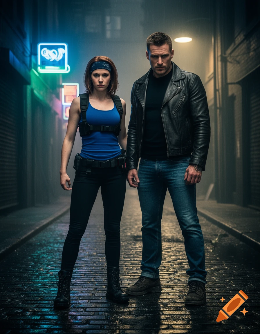 A man and a woman stand defiantly in a rainy, neon-lit urban alley, in a photorealistic style.