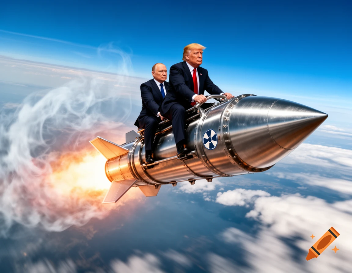 Donald Trump and Vladimir Putin in suits riding a flying nuclear missile high above the clouds under a blue sky.