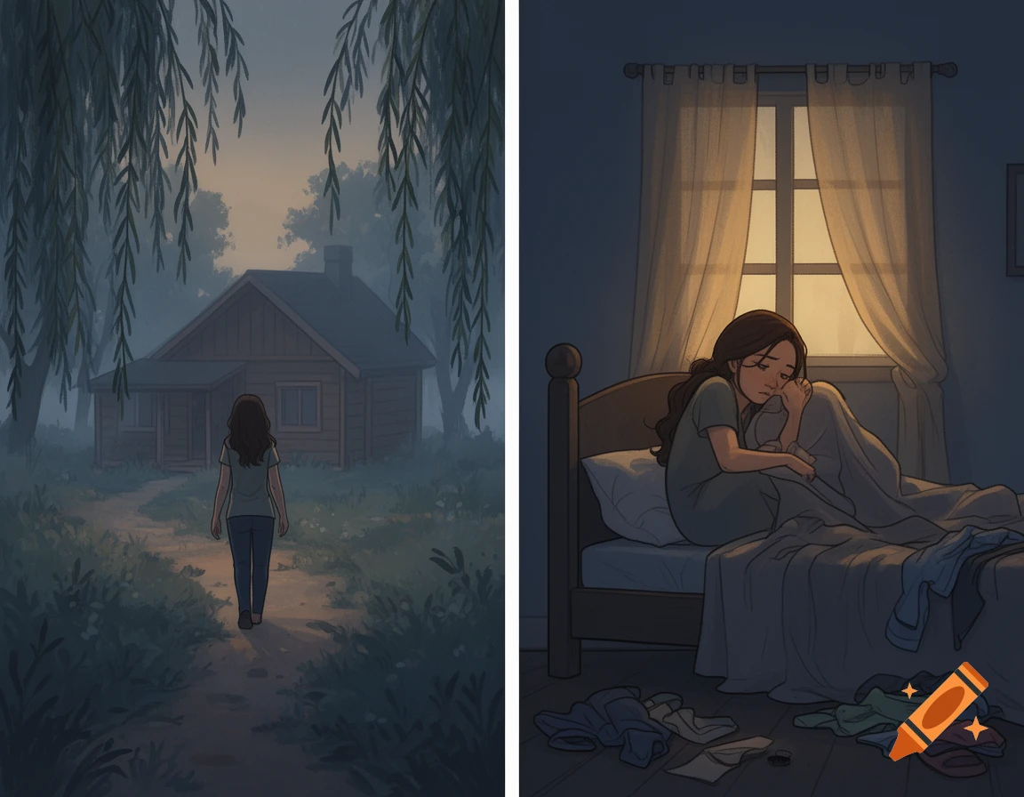 A two-panel storybook illustration of a sad woman, first walking towards a cabin, then sitting alone on a bed in a dim room.