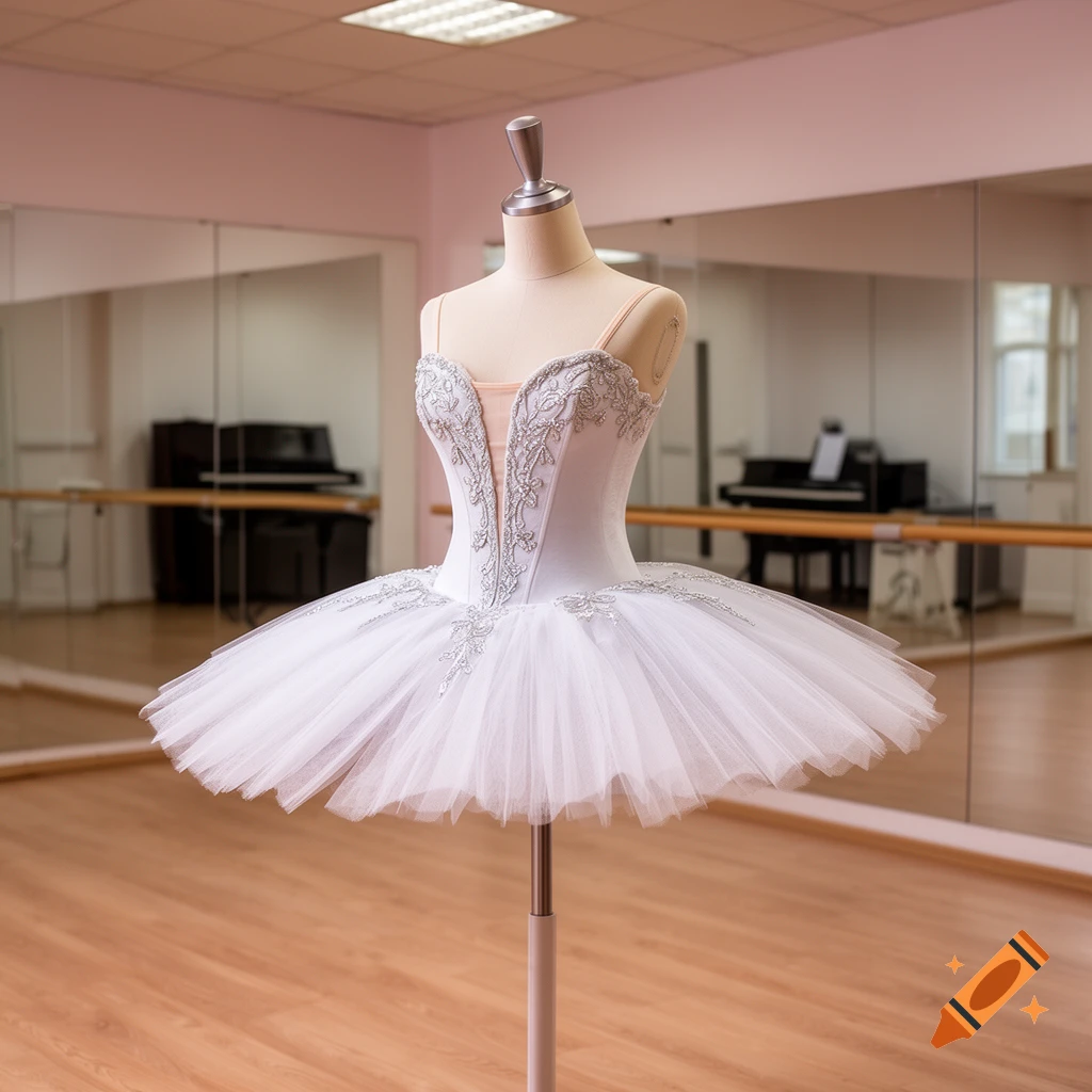 A white ballet tutu on a mannequin stands in a bright dance studio with mirrors and a piano in the background.