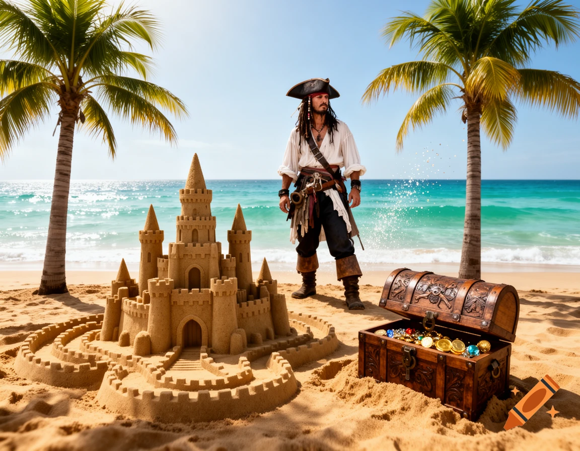 A pirate stands on a sunny beach next to a large sandcastle and an open treasure chest, with palm trees and ocean.