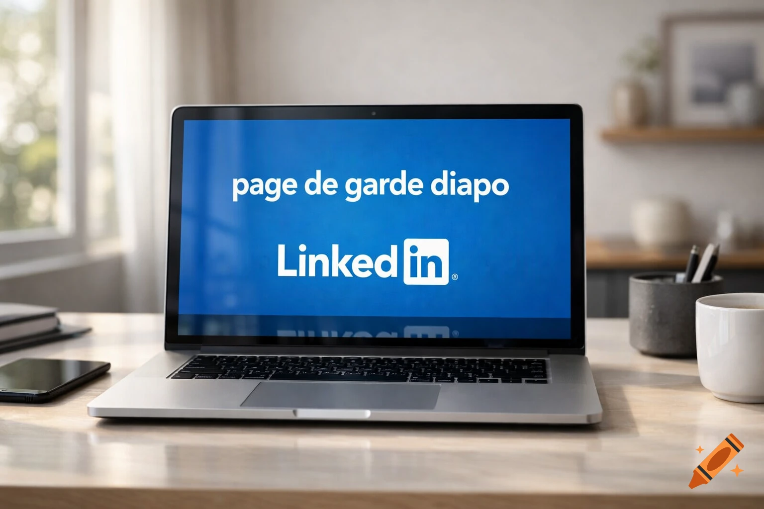 A laptop displaying "page de garde diapo" and the LinkedIn logo on a wooden desk with a phone and a coffee cup.