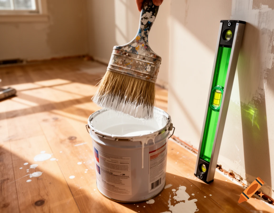 A hand dips a paint brush into white paint from a can on a sunlit wooden floor, with a green level nearby during renovation.