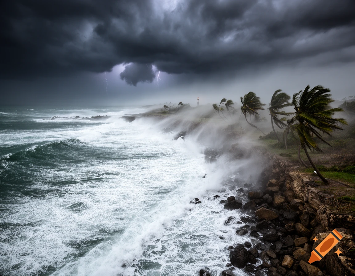 Photorealistic image of a severe storm with lightning over a rocky coast with huge waves and wind-bent palm trees.