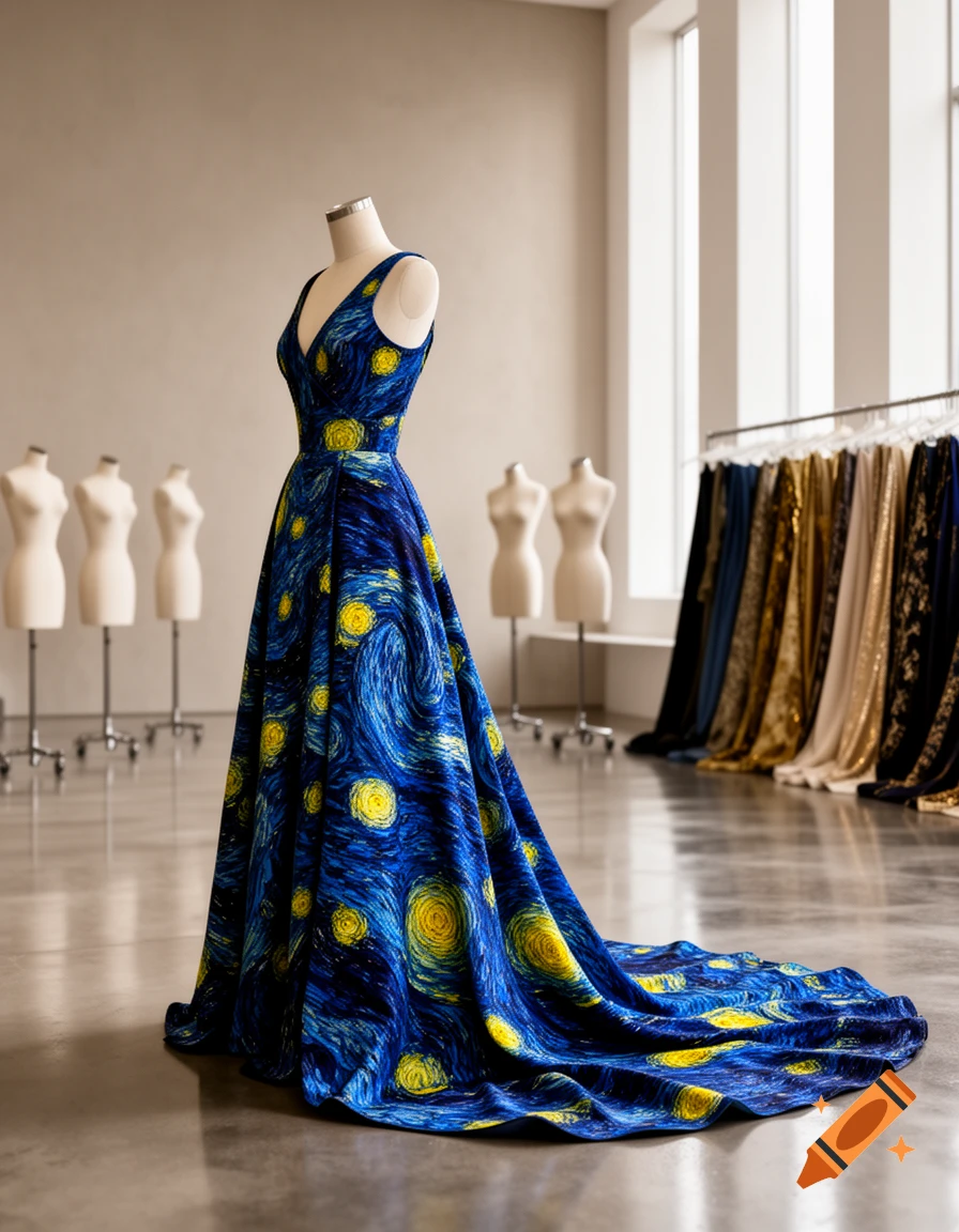 A Starry Night patterned gown on a mannequin in a fashion studio, with other mannequins and clothing racks.