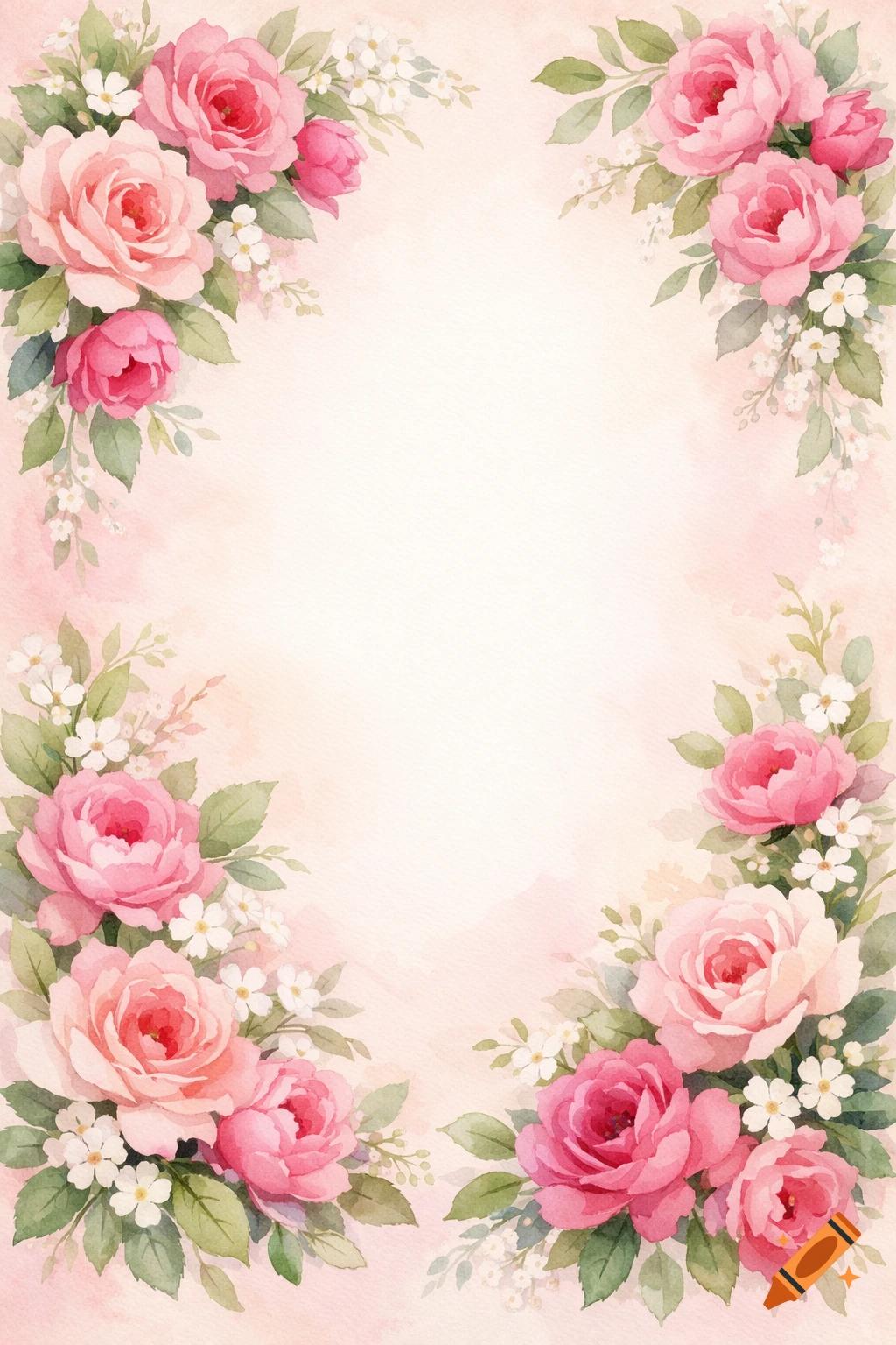 Delicate watercolor illustration of pink roses and white blossoms framing an empty center on a pale blush background.