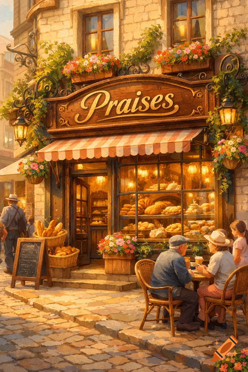 A vibrant painting of a quaint European bakery named Praises, with an awning, flowers, and people dining on a cobblestone street.