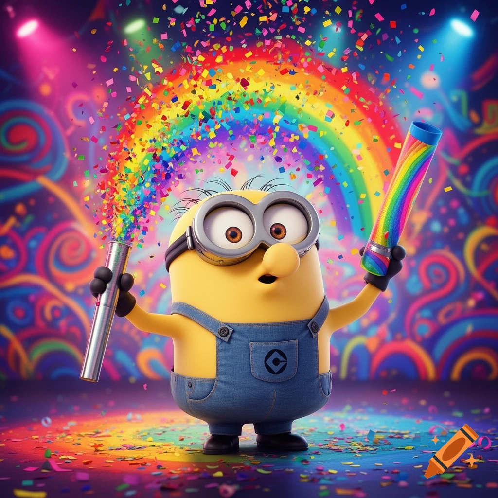 A Minion in overalls holds two confetti cannons, one spraying colorful confetti, against a vibrant party background with a rainbow.