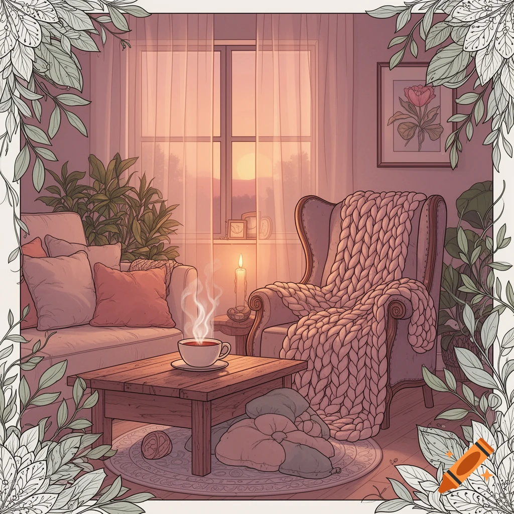 Cozy illustrated living room with a steaming cup, knitted blanket, plants, and candle at sunset, framed by decorative leaves.