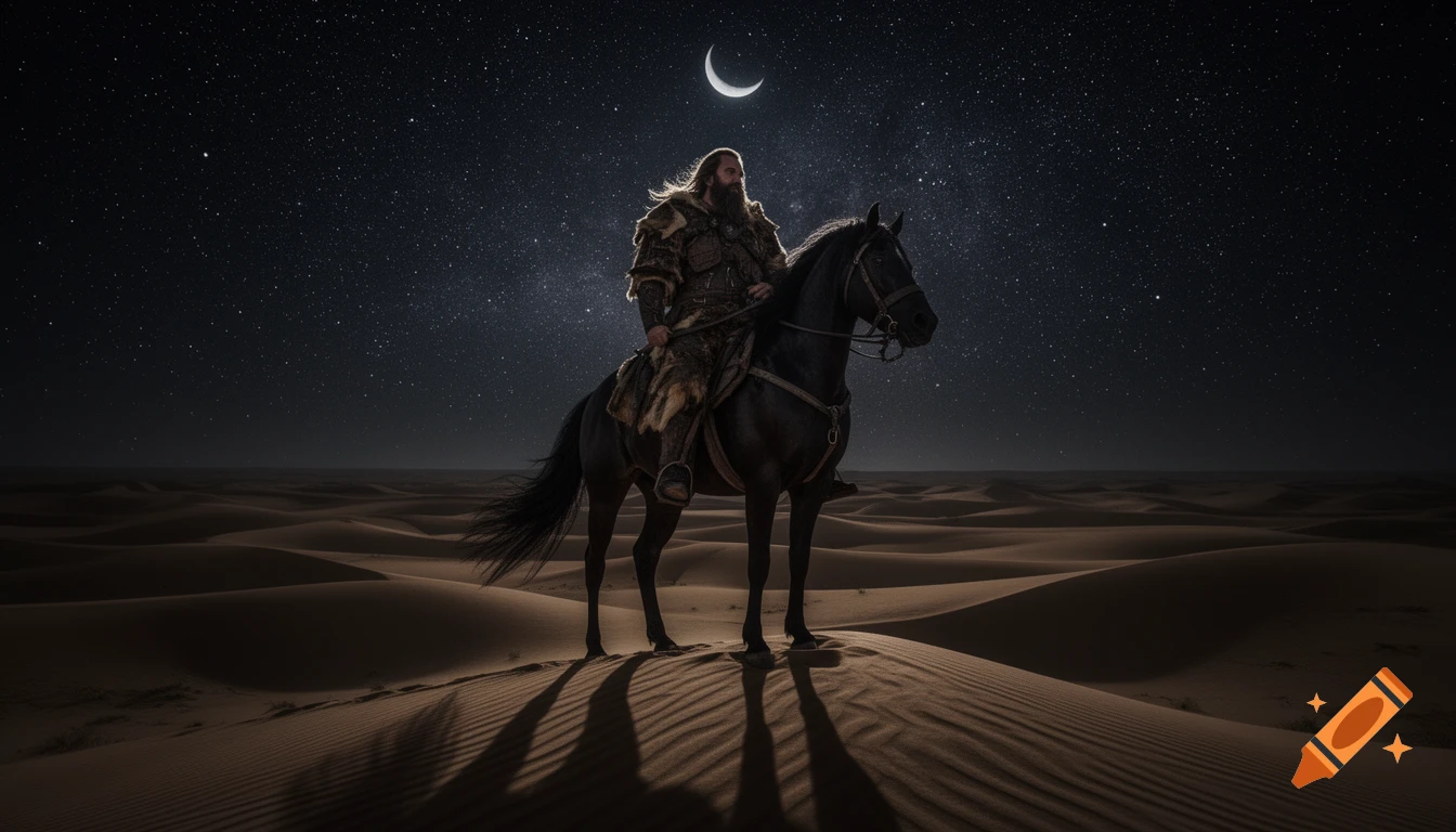 A barbarian rider on a horse stands on a desert dune under a starry night sky with a crescent moon.