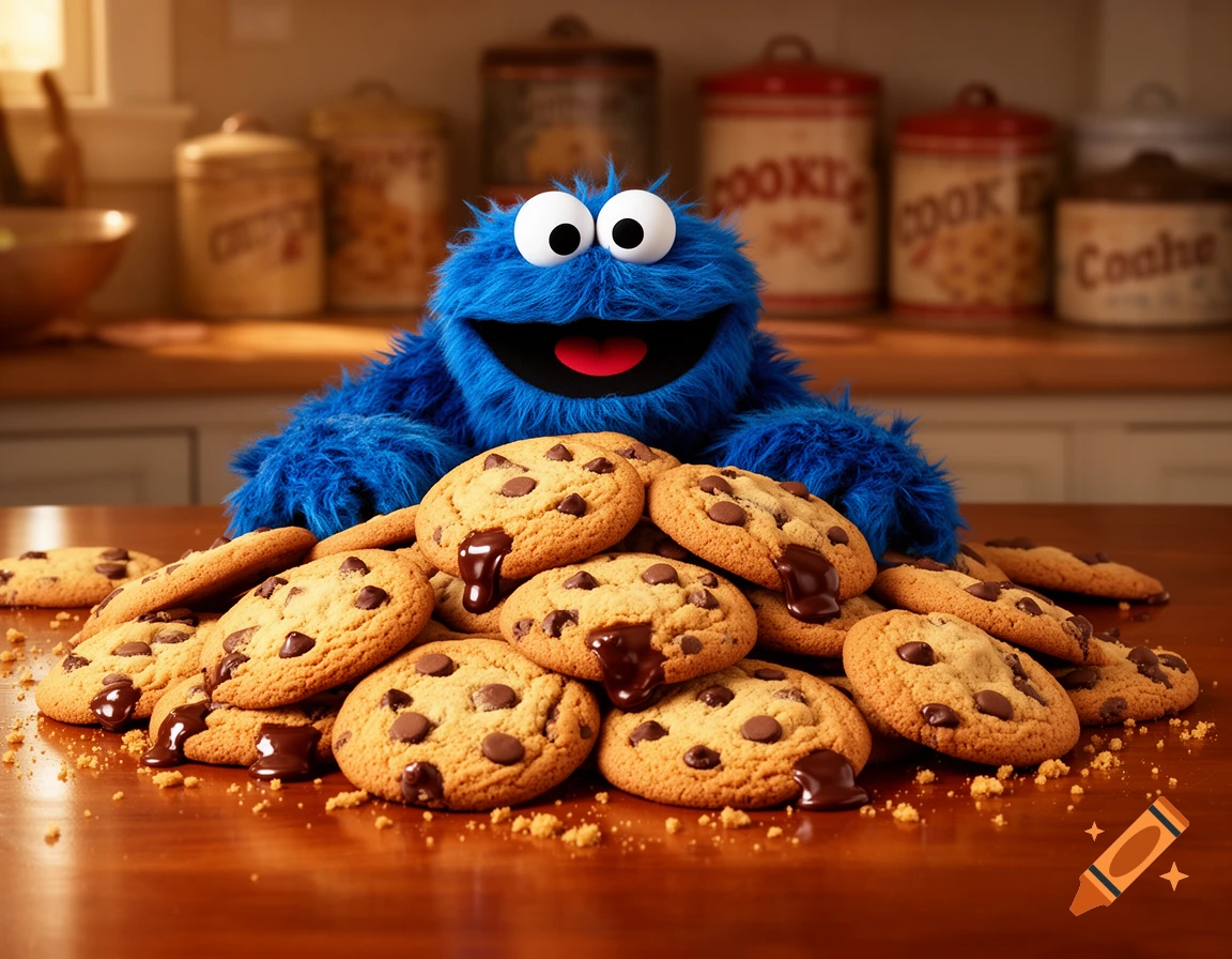 A blue furry Cookie Monster peeks over a large pile of chocolate chip cookies with melted chocolate, set on a wooden table in a kitchen.
