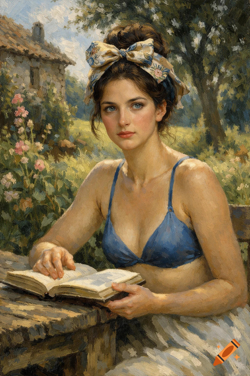 Oil painting of a young woman in a blue bikini top and headscarf, reading a book at a wooden table in a cottage garden.