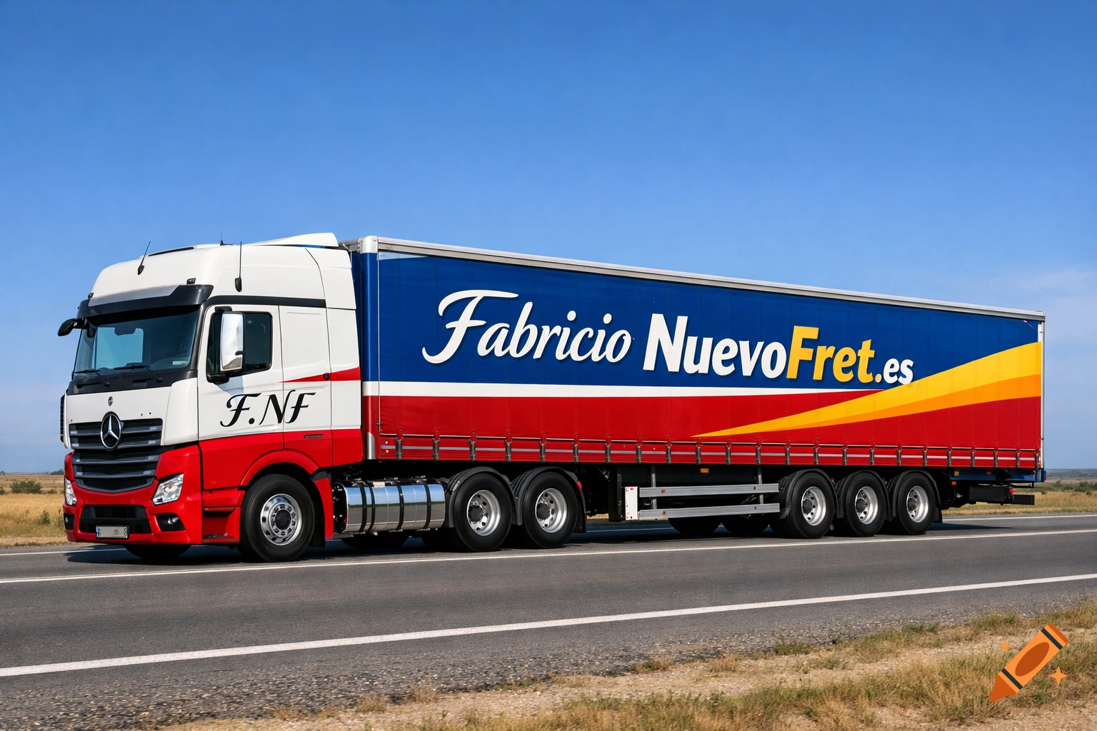 A white and red Mercedes-Benz semi-truck with a blue and red trailer, featuring "Fabrício NuevoFret.es" text, drives on a highway under a clear blue sky.