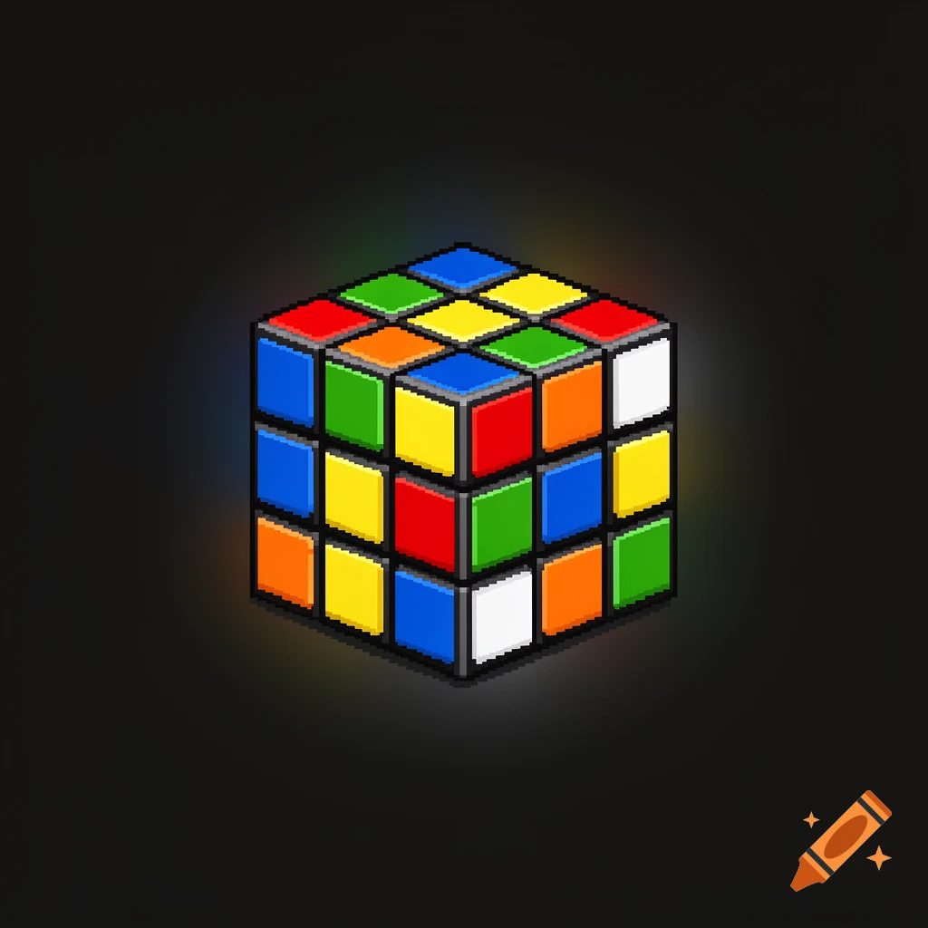 A pixel art Rubik's cube with colorful faces against a dark background, rendered in a 36x36 style.