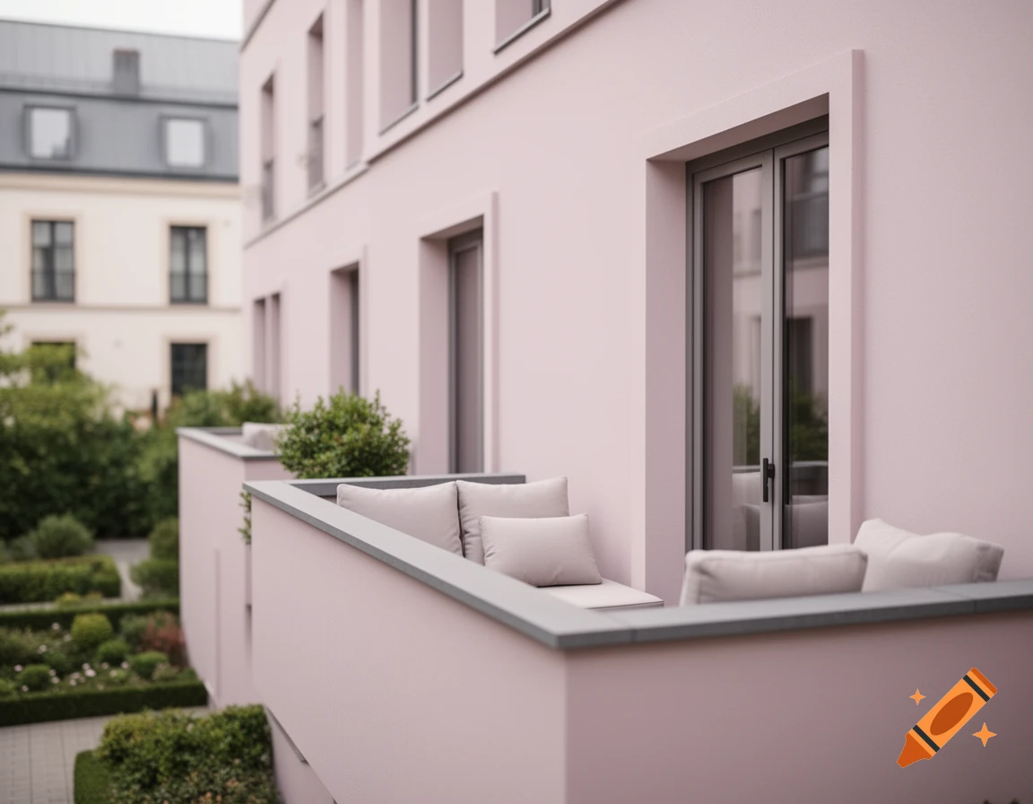 Modern building with pinkish-beige facade, balcony with light cushions, and garden view.