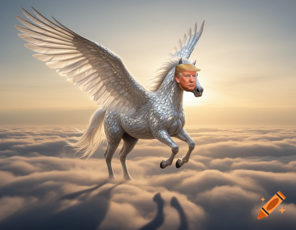 A white scaled winged horse with Donald Trump's face runs above clouds at sunset in a photorealistic style.