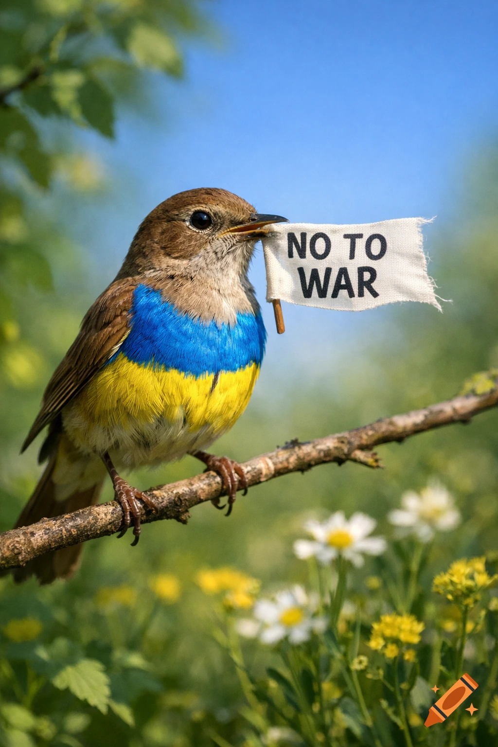A bird with blue and yellow plumage perches on a branch, holding a white 'NO TO WAR' banner in its beak. Photorealistic style.