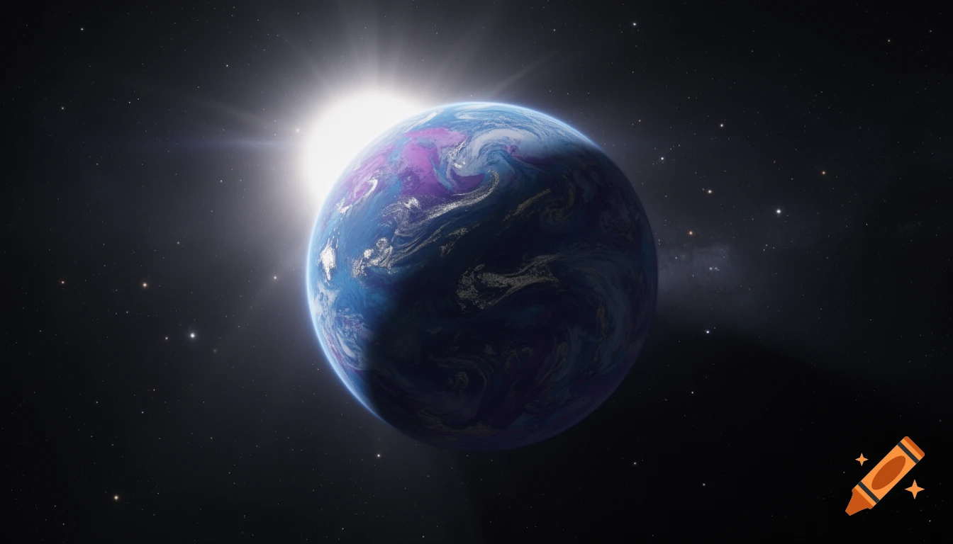 A blue and purple exoplanet with swirling clouds illuminated by a bright star in the dark, star-filled cosmos.