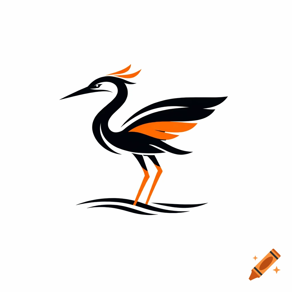 Stylized black and orange heron logo standing in water.
