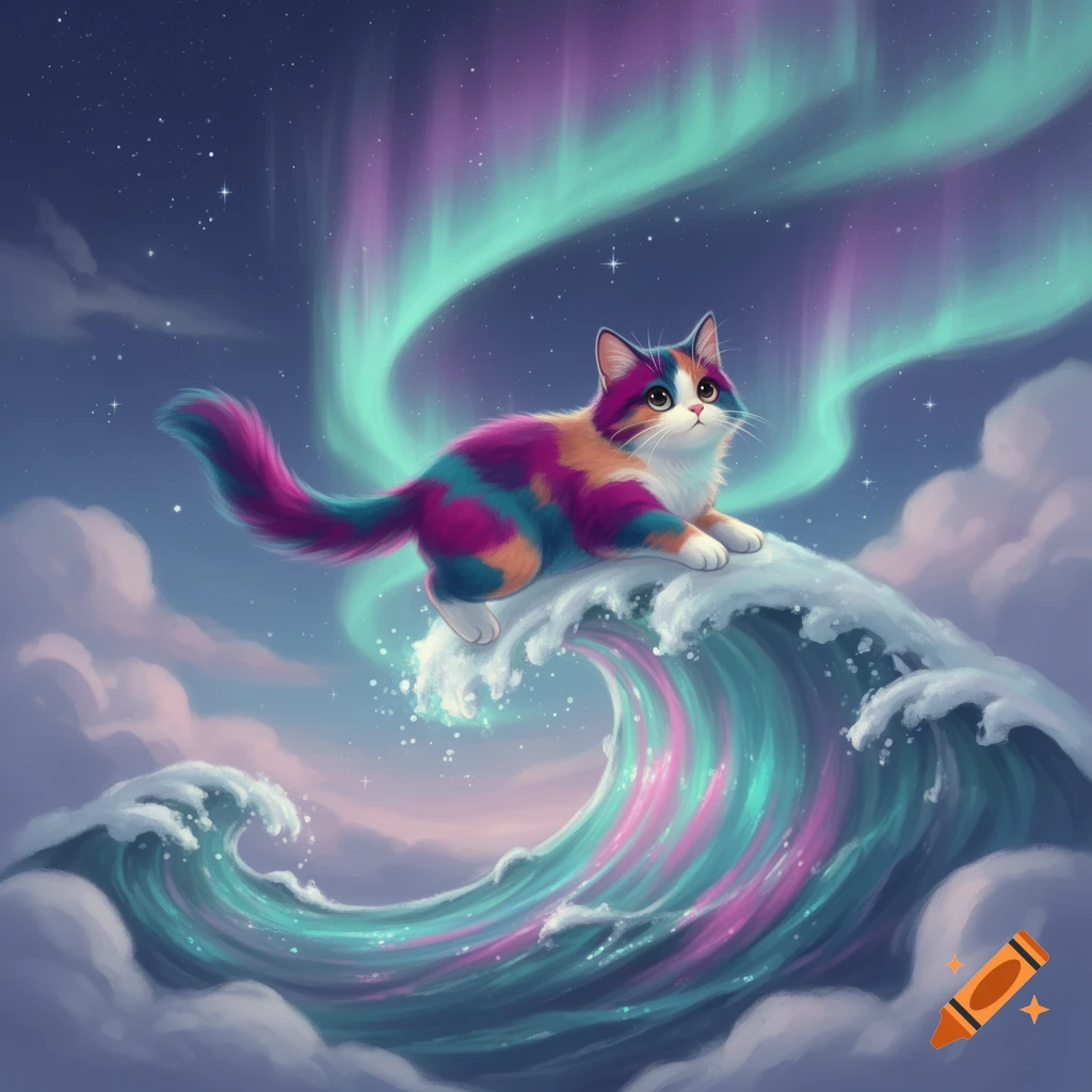 A colorful calico cat with magenta, teal, and orange fur lies on a glowing wave under a starry night sky with a vibrant aurora borealis.