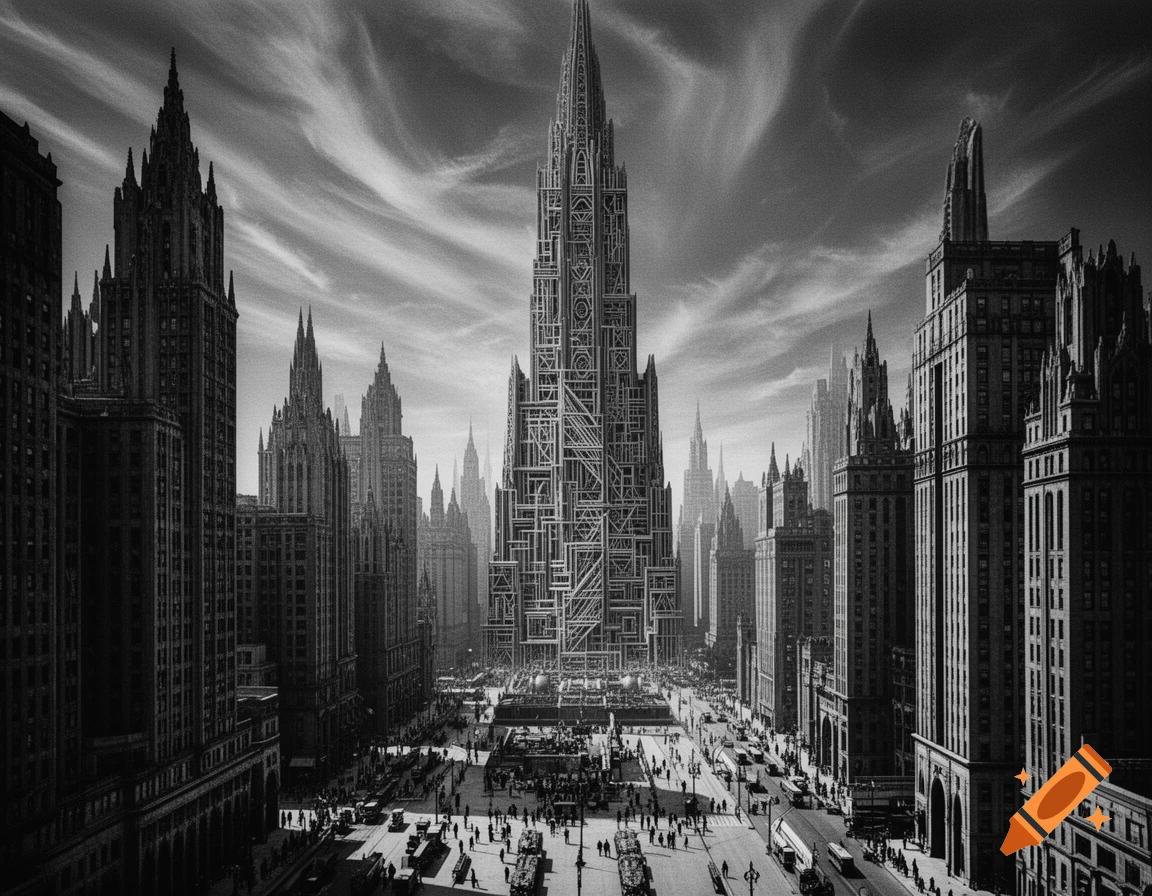 Black and white cityscape with a towering, intricately detailed surreal building at the center, surrounded by numerous gothic-style skyscrapers and bustling streets with people and vehicles below.