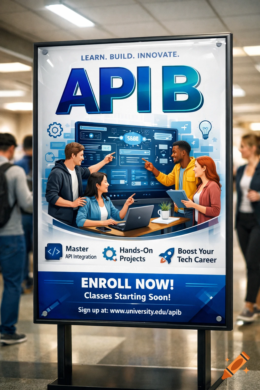A promotional poster for an 'API B' course features diverse students working on laptops, with tech icons and text like 'Enroll Now!'.