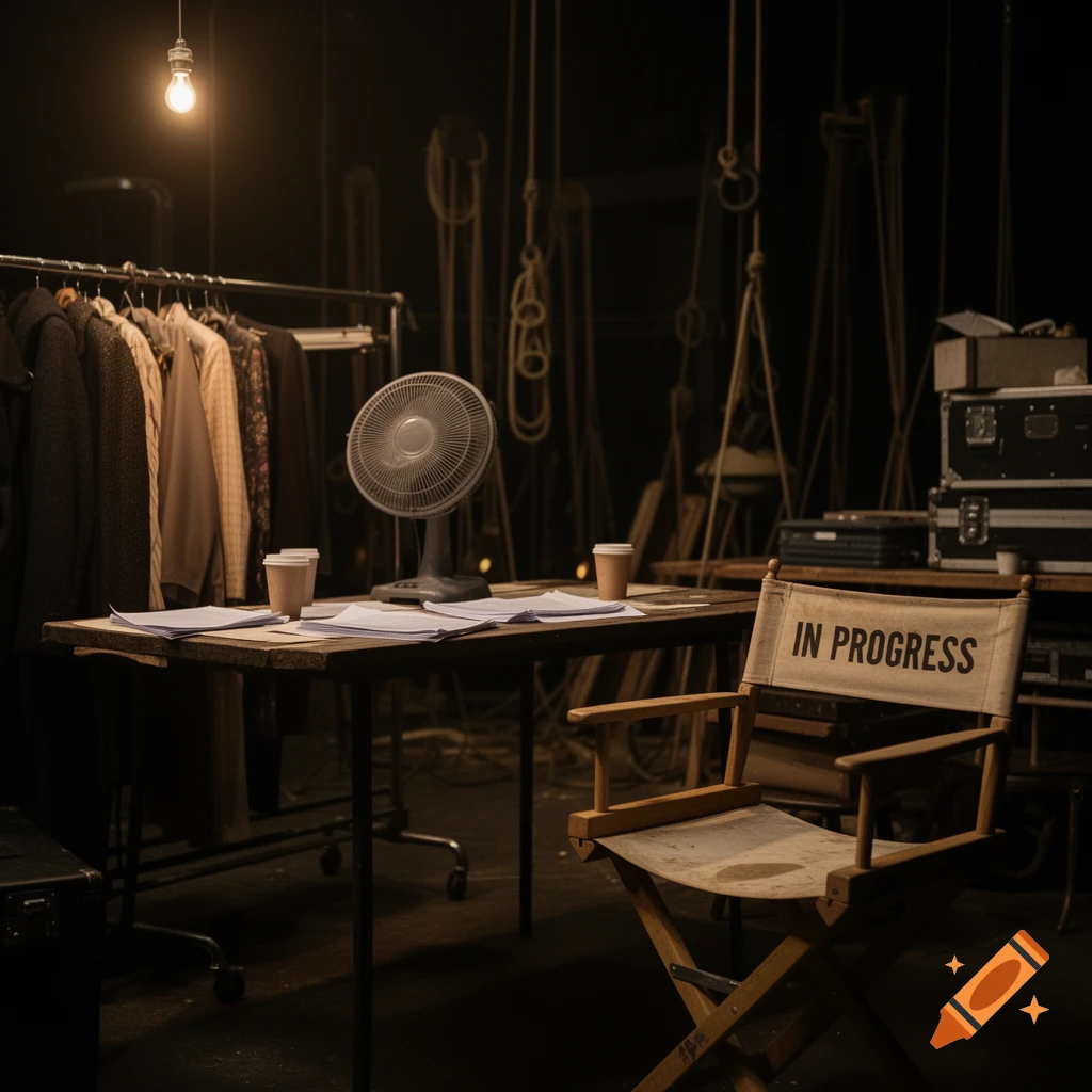 A dimly lit backstage area with a clothes rack, a desk with papers and coffee cups, a fan, and a director's chair labeled 'IN PROGRESS'.