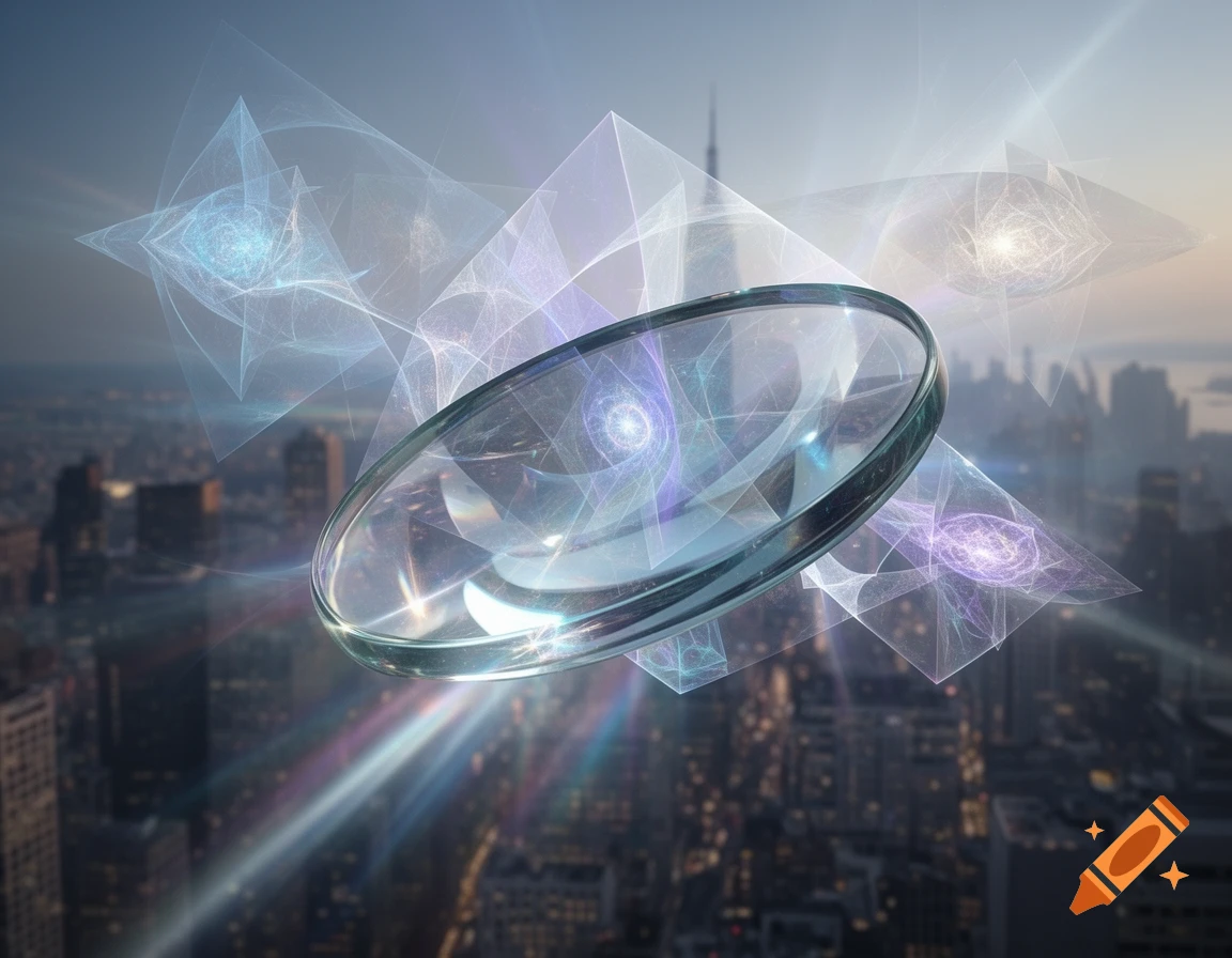 A large, clear lens with glowing abstract geometric patterns floats above a blurry city skyline at dusk, depicting a surreal view.