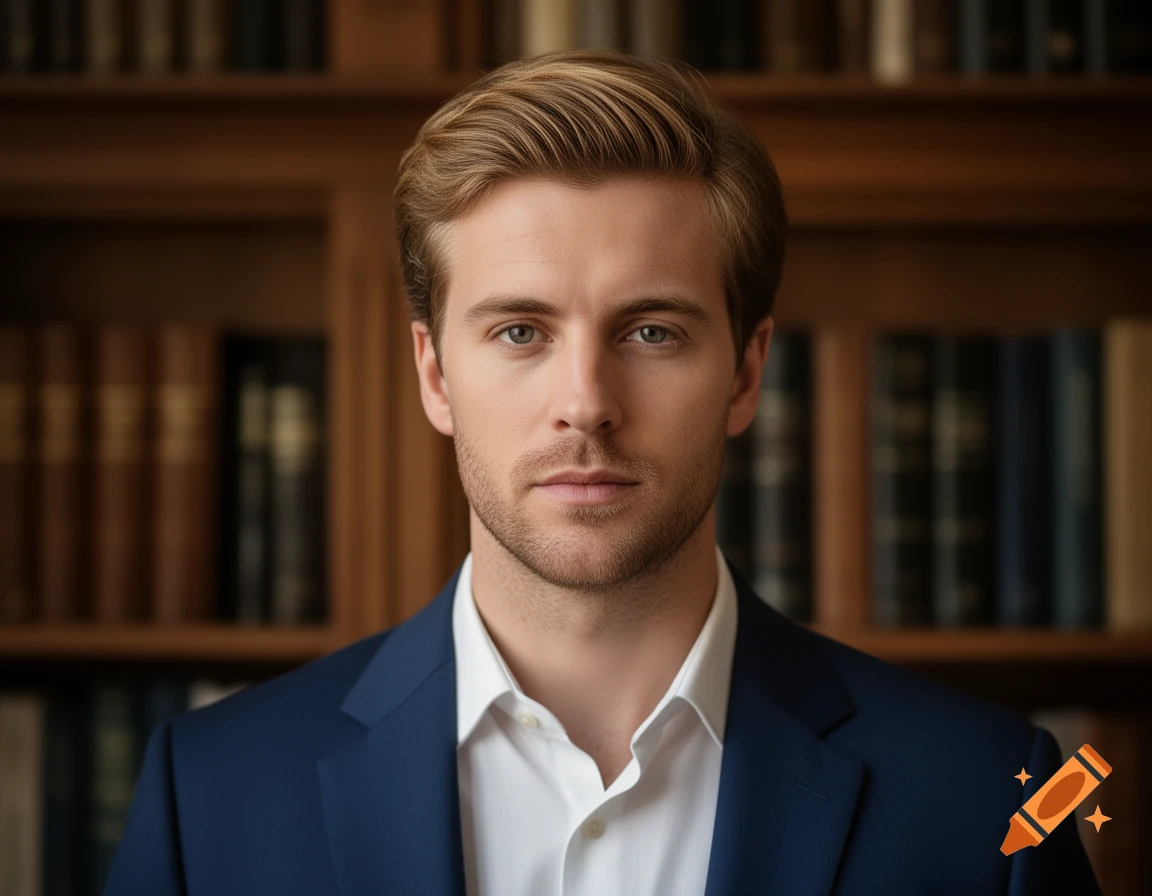 Headshot of a serious man with blond hair, wearing a blue suit and white shirt, against a blurred bookshelf background.