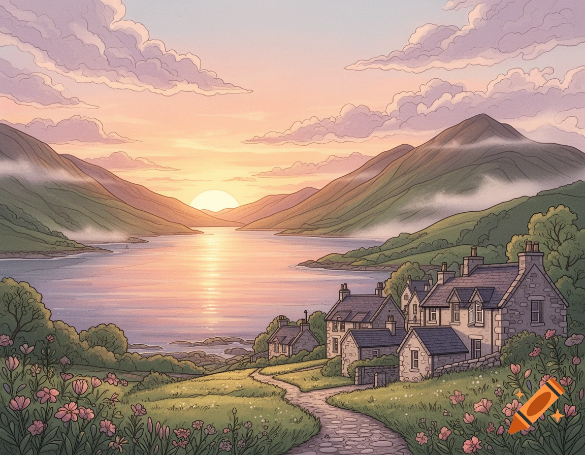 Illustration of a picturesque Scottish village by a lake at sunset, surrounded by green mountains, in a calming coloring book style.