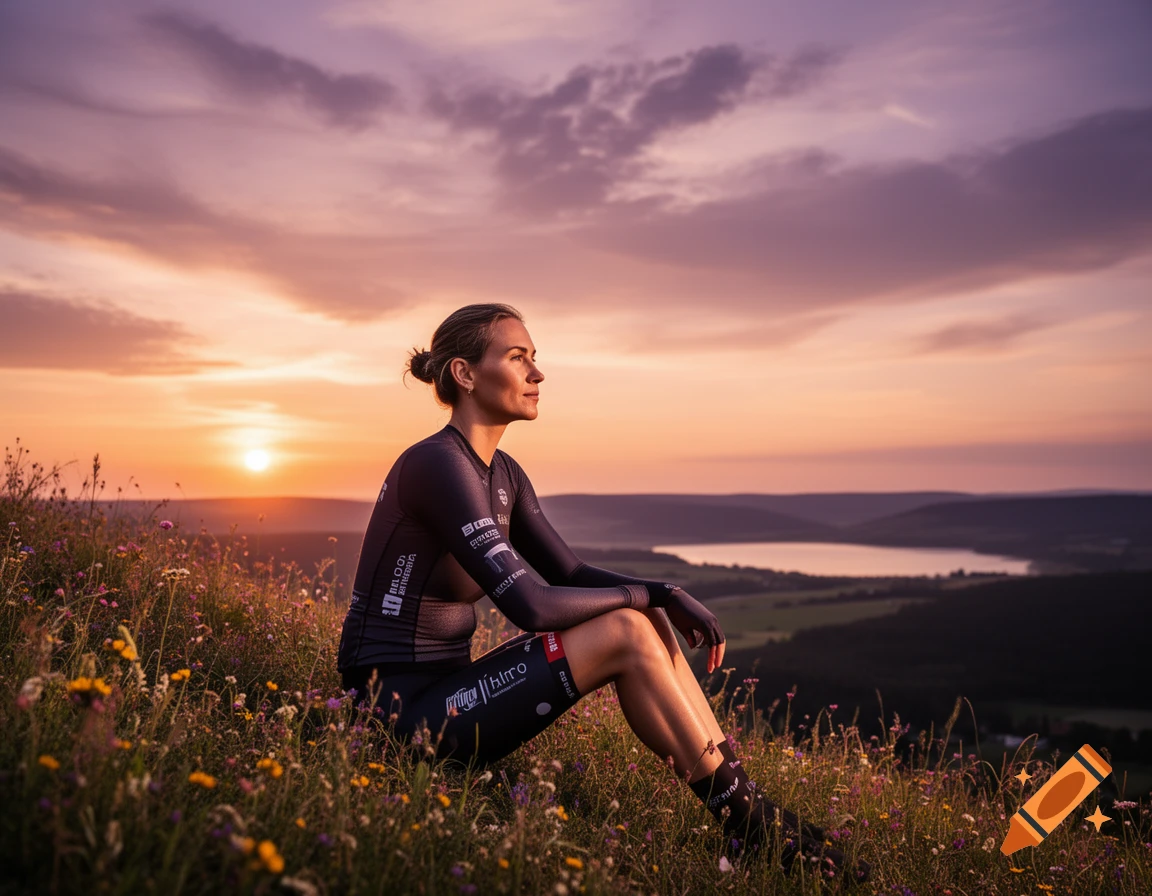 A woman in cycling gear sits contemplatively on a grassy hill overlooking a valley and lake at sunset, with a vibrant purple and orange sky.