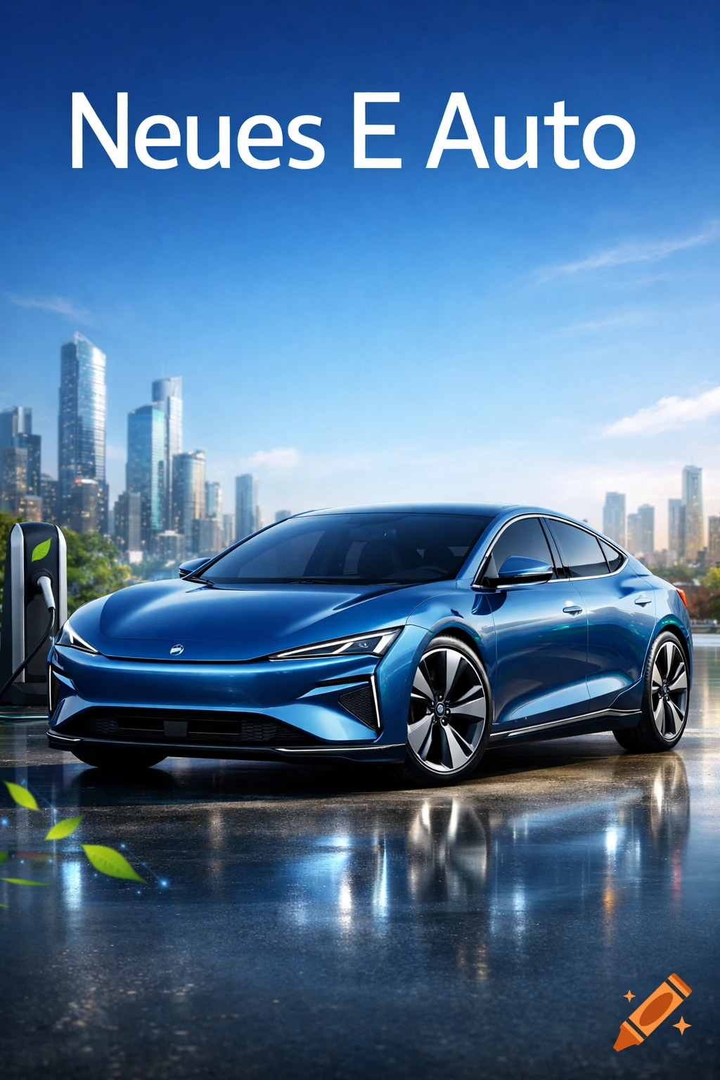 Blue electric car charging in a modern city, with 'Neues E Auto' text above, photorealistic style.