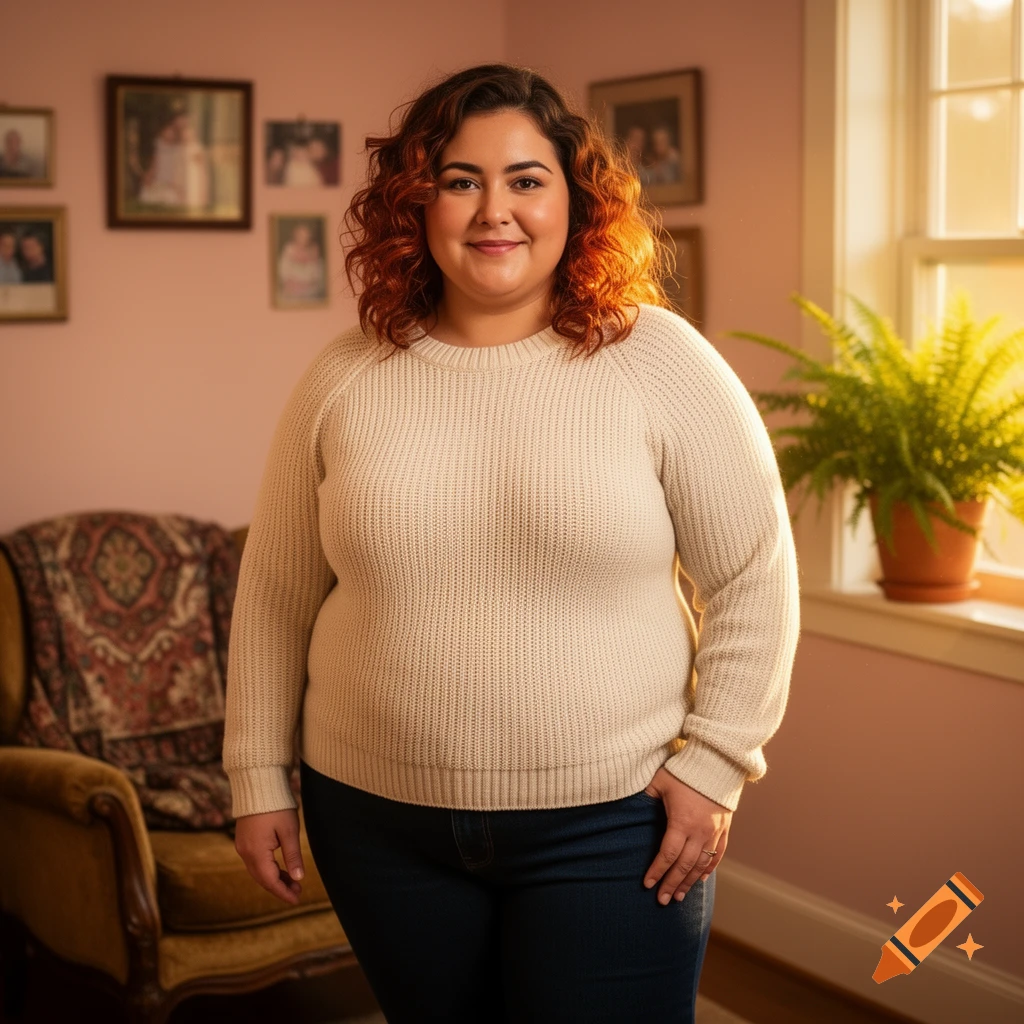A smiling woman with curly reddish-brown hair stands indoors in a cream sweater and jeans, bathed in warm light.