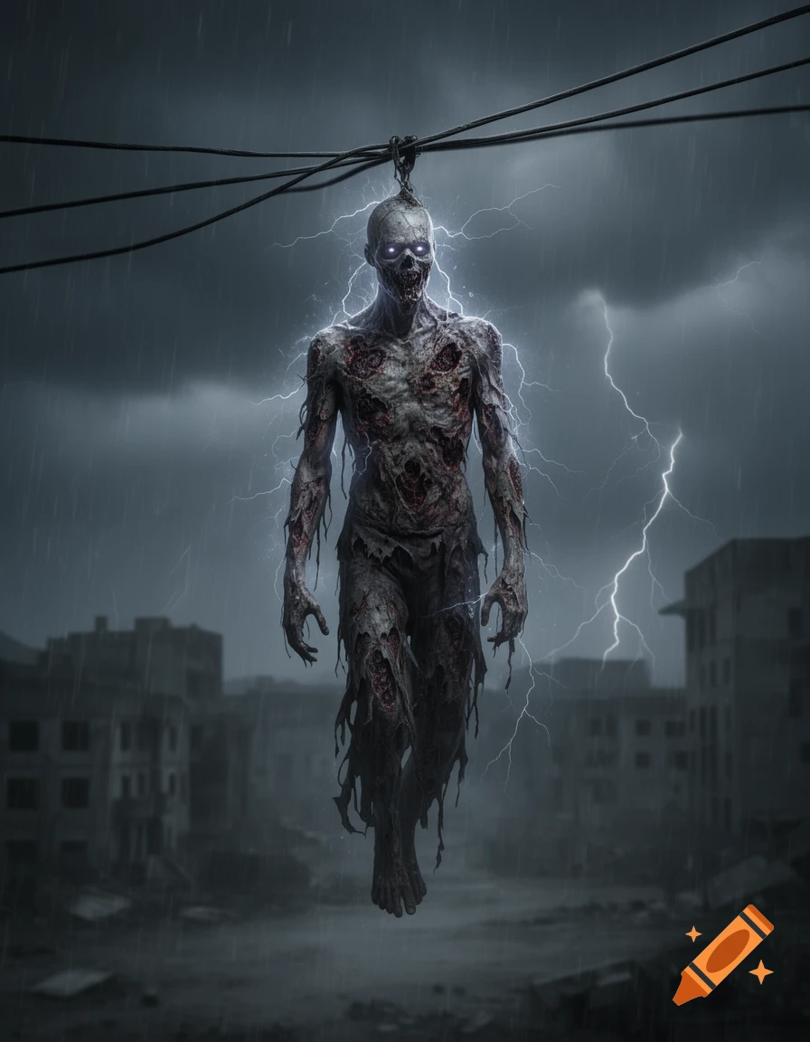 An electrocuted zombie with glowing eyes hangs from power lines amidst a stormy, post-apocalyptic cityscape.
