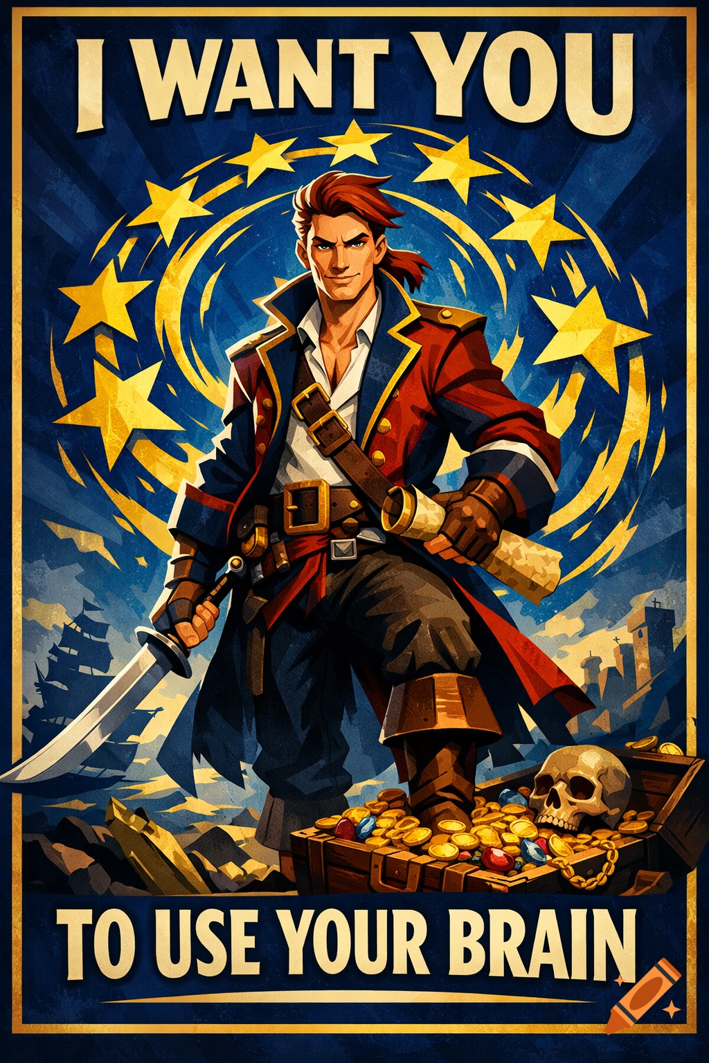 Propaganda-style poster of a pirate captain with a sword and a treasure chest, against a blue background with golden stars and text: "I WANT YOU TO USE YOUR BRAIN".