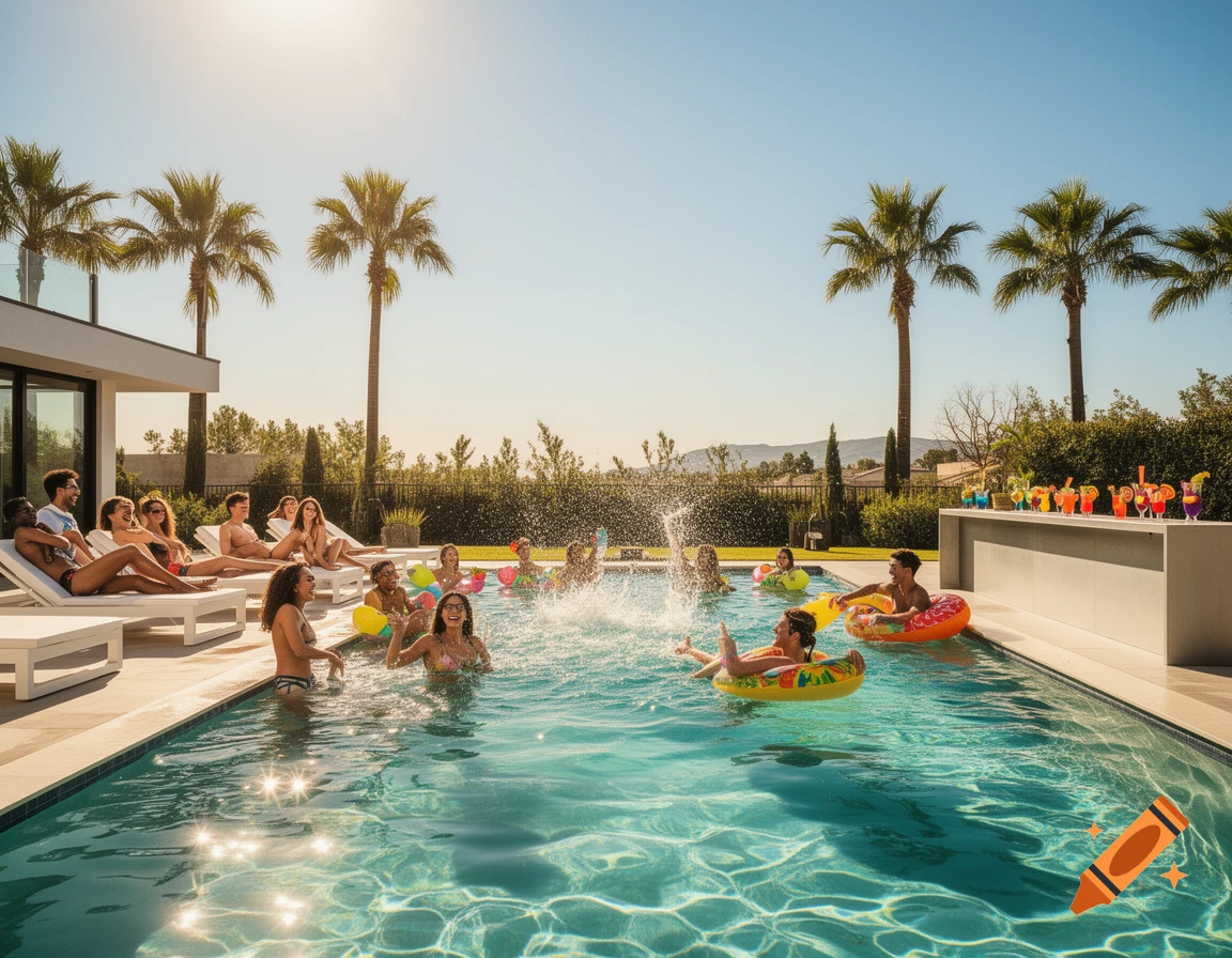 A vibrant outdoor pool party with people swimming, splashing, and relaxing on lounge chairs under the sun, with palm trees and colorful drinks.