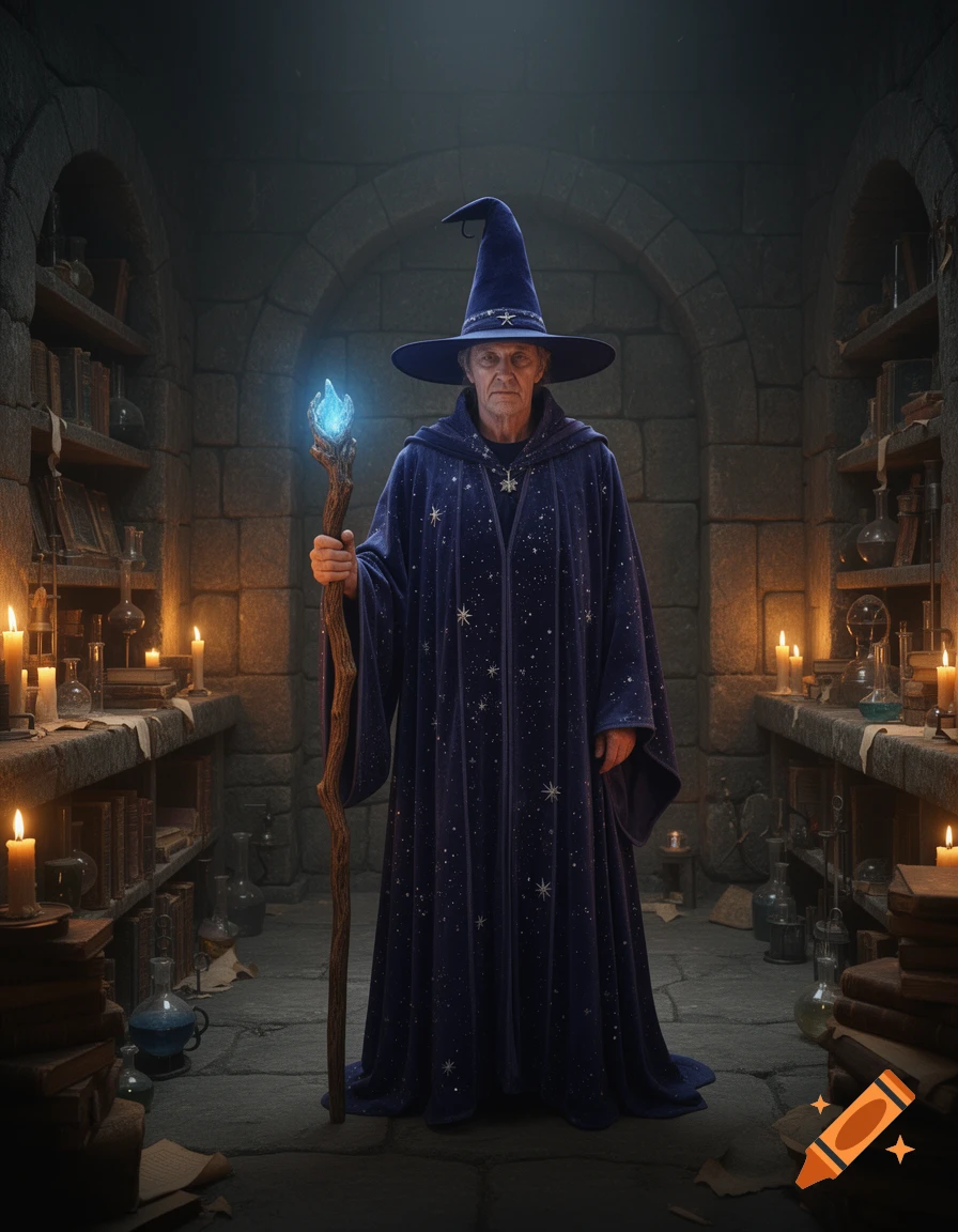 A photorealistic old wizard in a starry blue robe and pointy hat, holding a glowing staff in a candlelit stone chamber.
