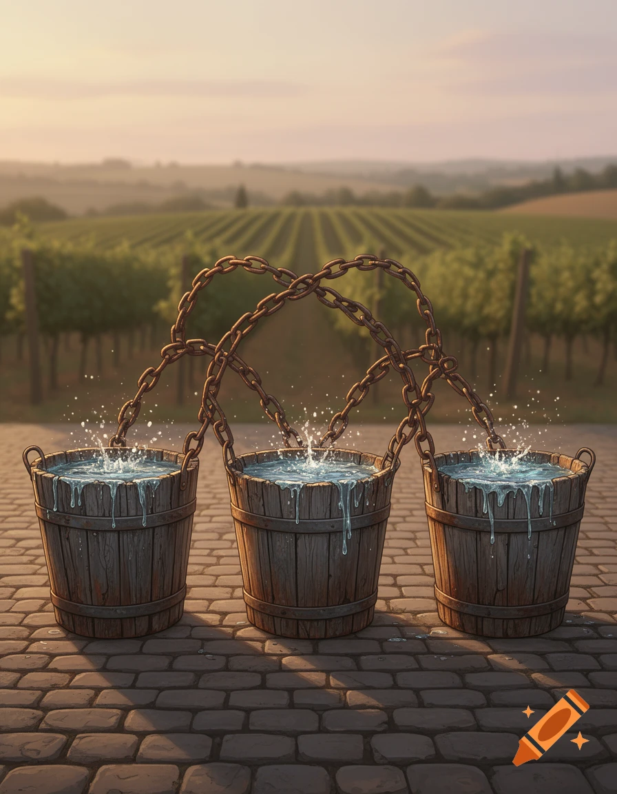 Three chained wooden buckets filled with splashing water on a cobblestone path in a vineyard at sunset.