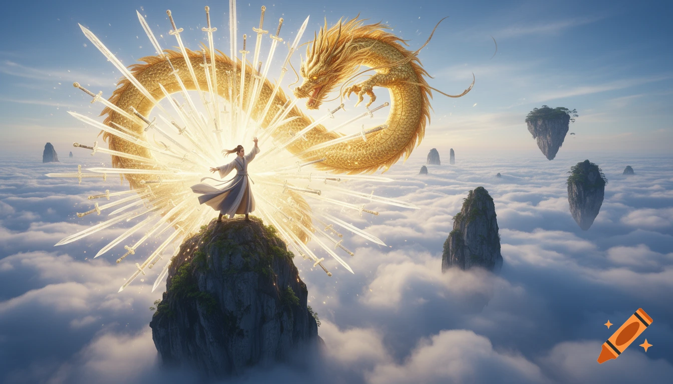 A cultivator stands on a floating mountain peak, summoning glowing swords that coalesce into a majestic golden dragon above a vast sea of clouds and distant floating islands.