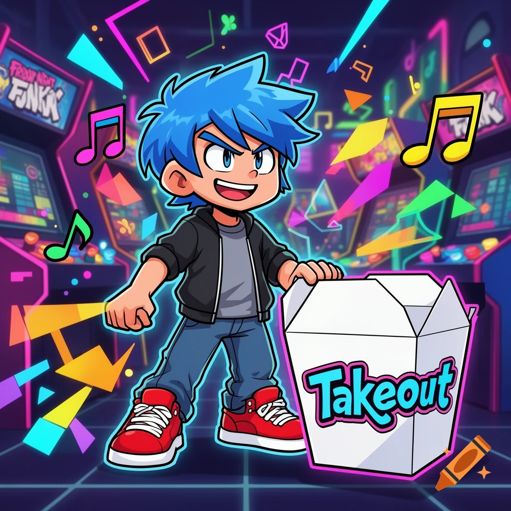 A blue-haired cartoon boy with a takeout box stands in a vibrant arcade with music notes.