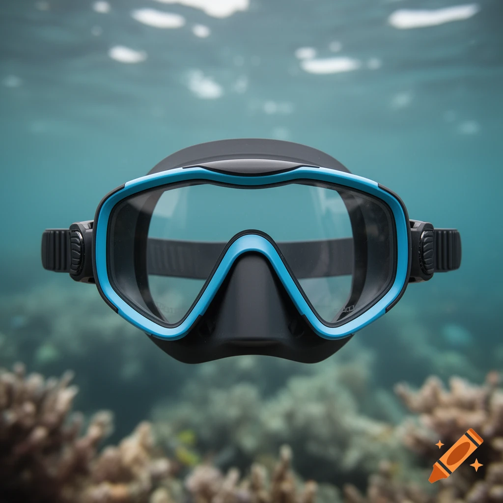A photorealistic close-up of a black and blue scuba mask floating underwater above a blurred coral reef.