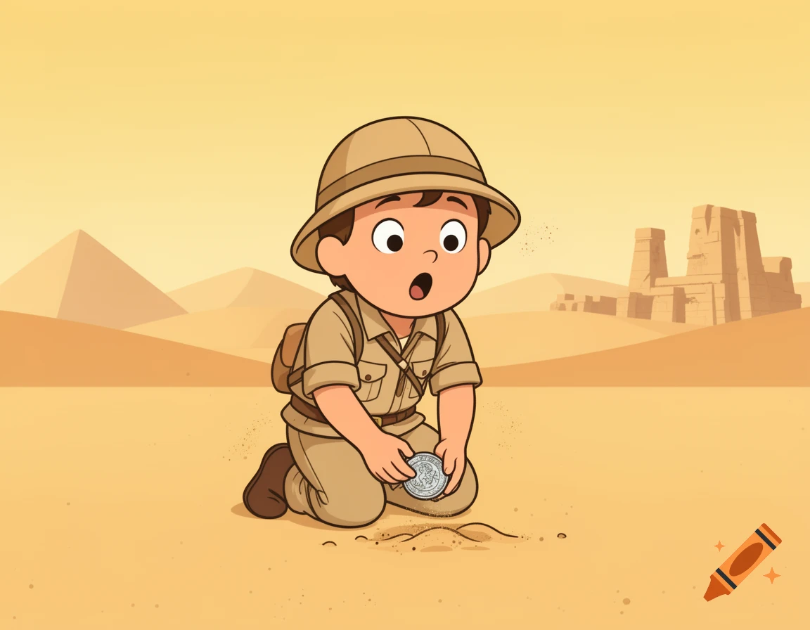A cartoon boy in explorer clothes kneels in a desert, examining a silver coin he found, with pyramids and ruins in the background.