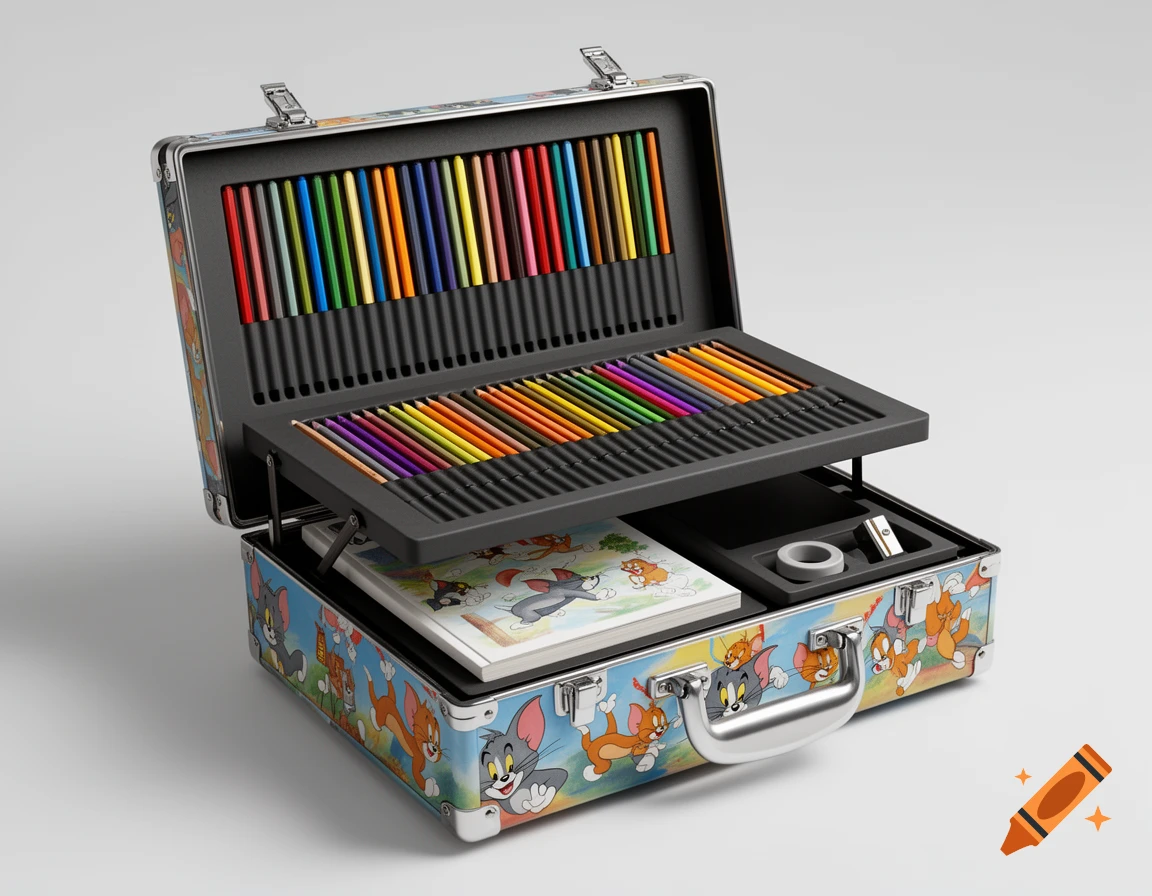 An open, premium briefcase-style children's art set featuring Tom and Jerry, filled with colorful pencils and a coloring book.