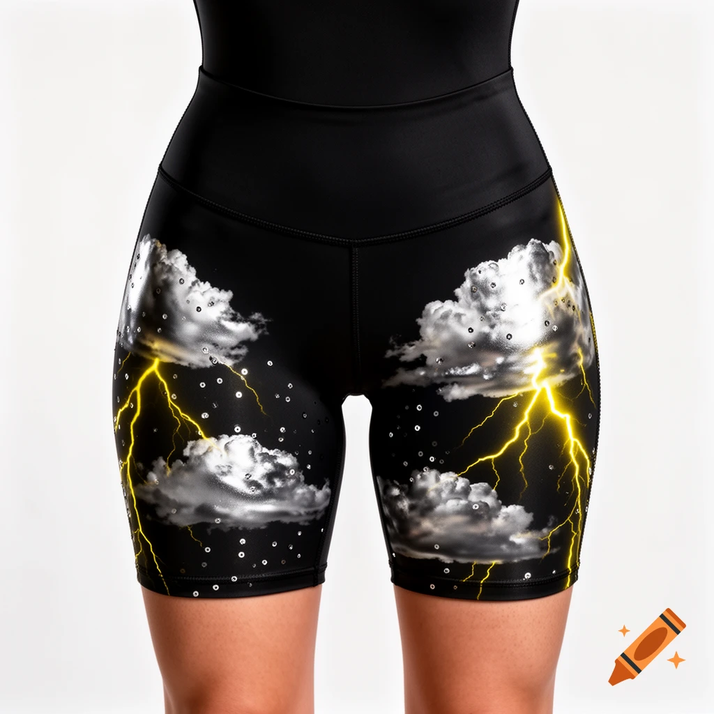 Close-up of a person wearing black high-waisted biker shorts with metallic silver clouds and yellow lightning bolts.