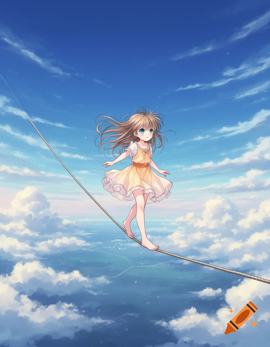 An anime girl in a light dress walks barefoot on a tightrope high above clouds, looking down with a fearful expression.